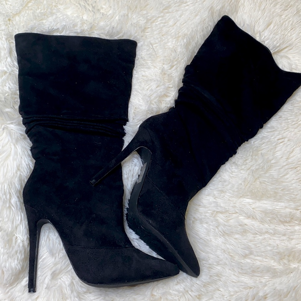 Fashion Nova Gloria Black Faux Suede Slouch Pointed Toe Stiletto Boots Size 7